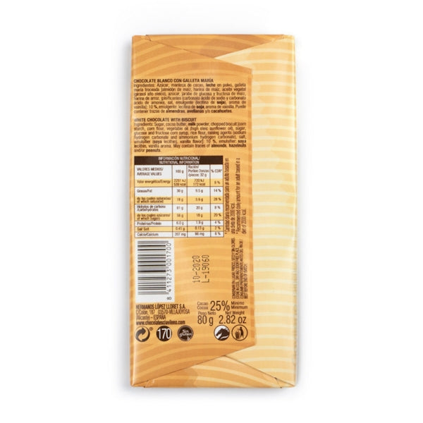 Chocolate Blanco con Galleta María 80g - Chocolates Clavileño