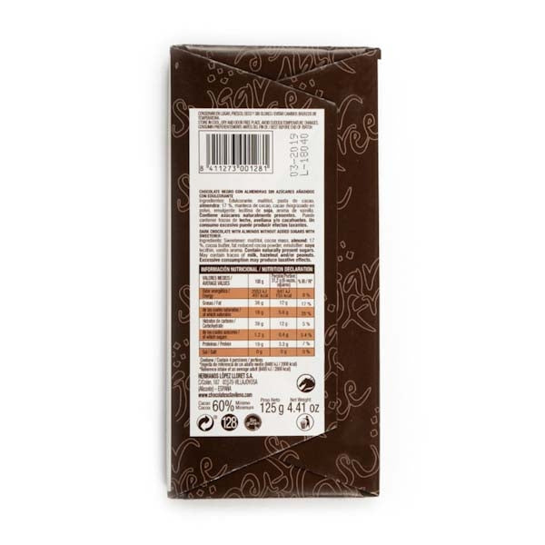 Chocolate Negro 60% Cacao con Almendras sin Azúcares Añadidos 100g - El Clavileño