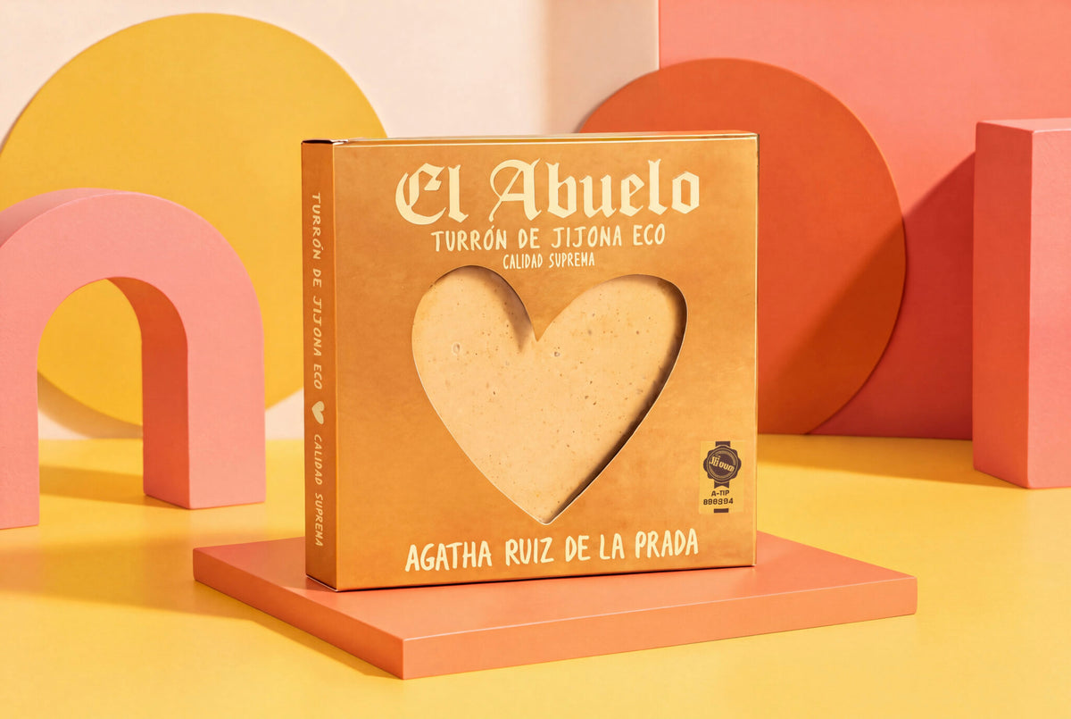 Turrón de Jijona ecológico El Abuelo 200 g, edición Ágatha Ruiz de la Prada, caja naranja con corazón