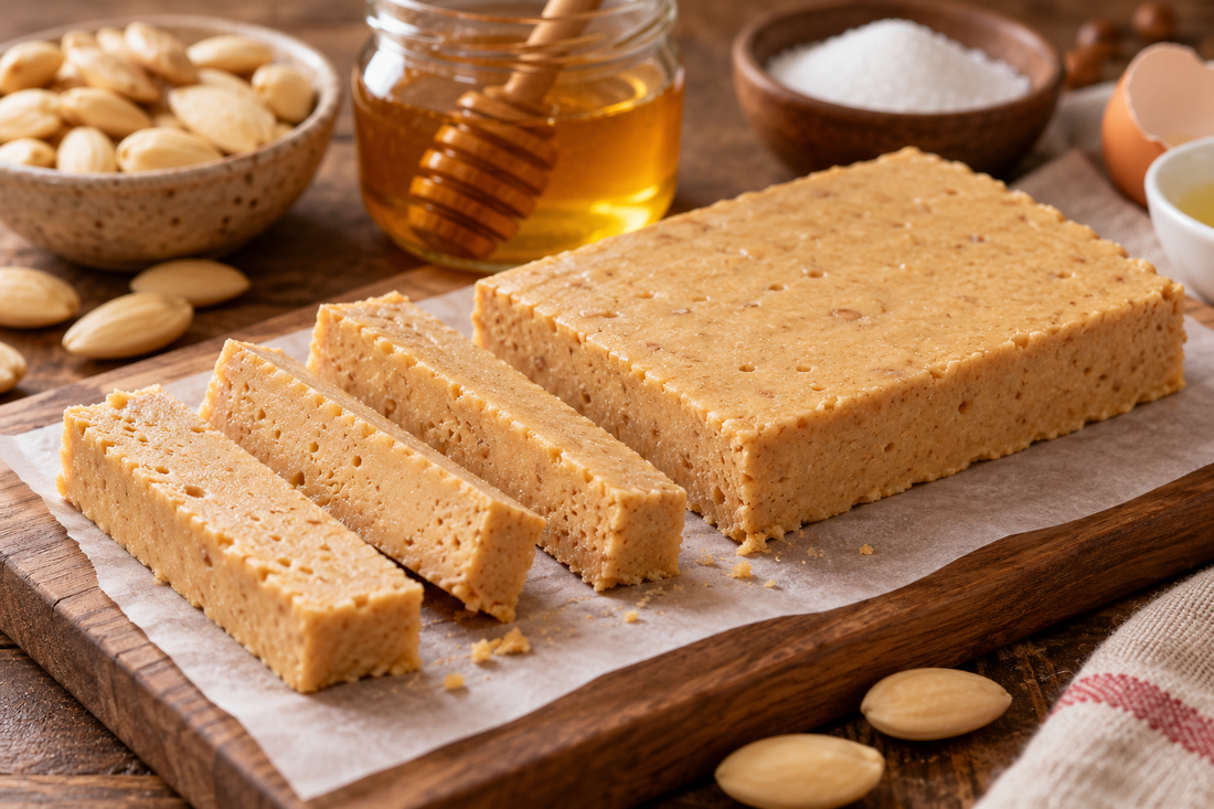 Turrón casero de almendra y miel cortado en porciones