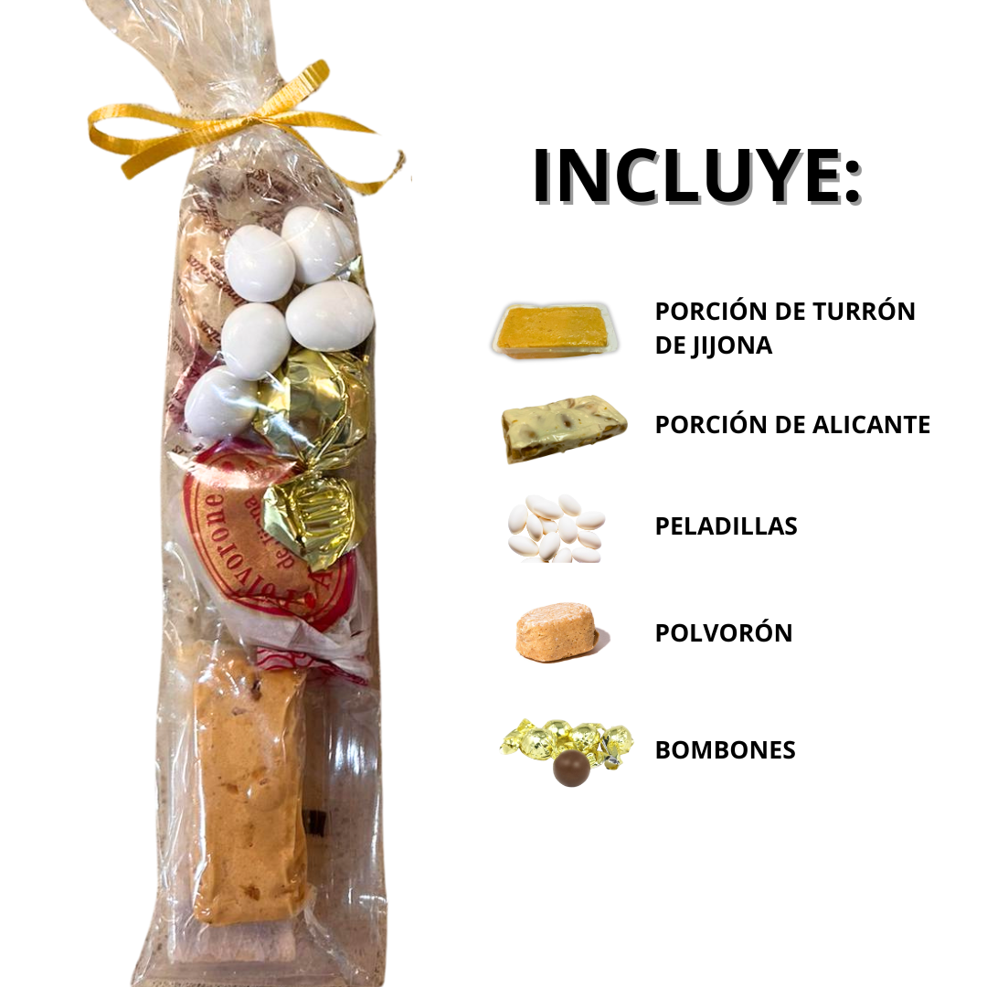 Bolsita individual con turrones, bombones y polvorones para regalar