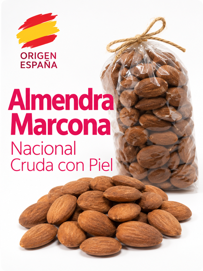 Almendra Marcona Nacional cruda con piel - formato y origen España
