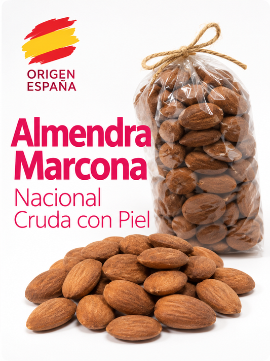 Almendra Marcona Nacional cruda con piel - formato y origen España