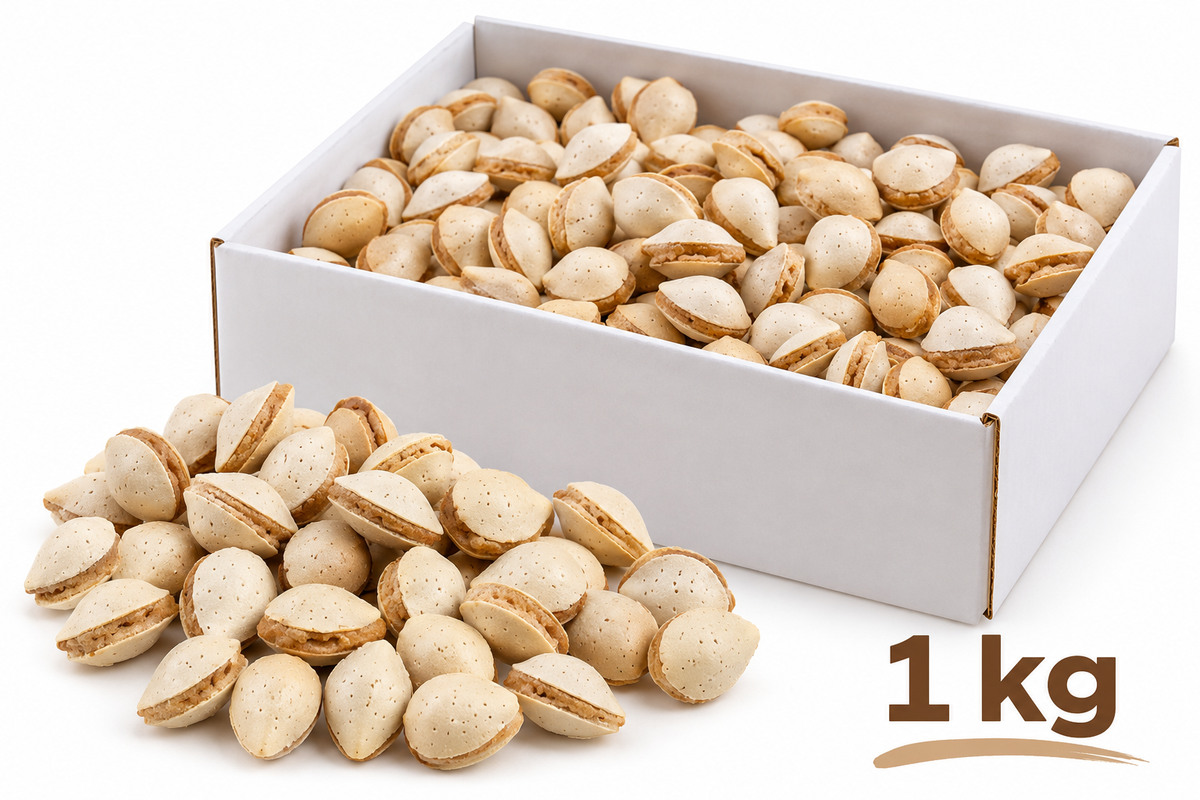 Caja blanca de almendritas rellenas de turrón blando de Jijona, presentación de 1 kg
