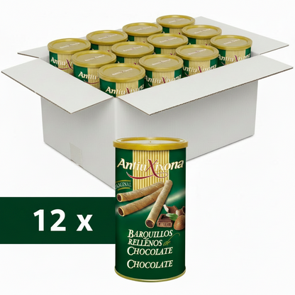 caja con latas de barquillos rellenos por 200g marca antiu xixona