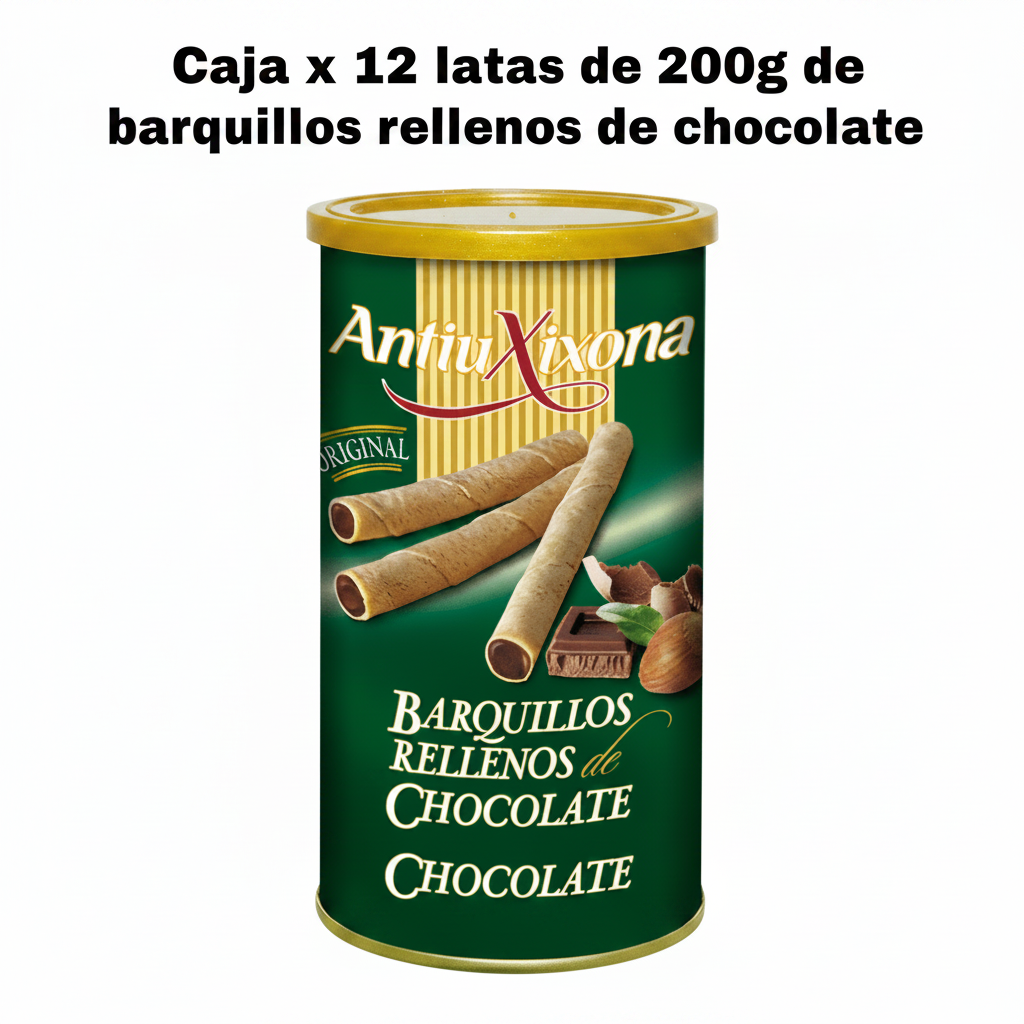 12 unidades en caja de barquillos rellenos de chocolate x 200g