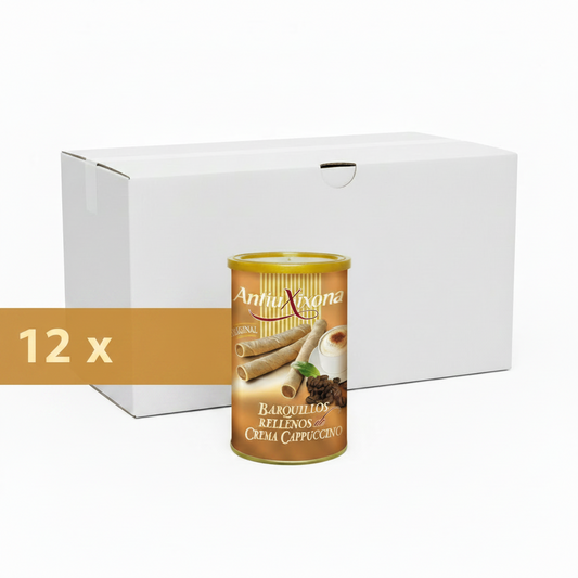 caja con 12 latas de barquillos rellenos de crema de cappuccino