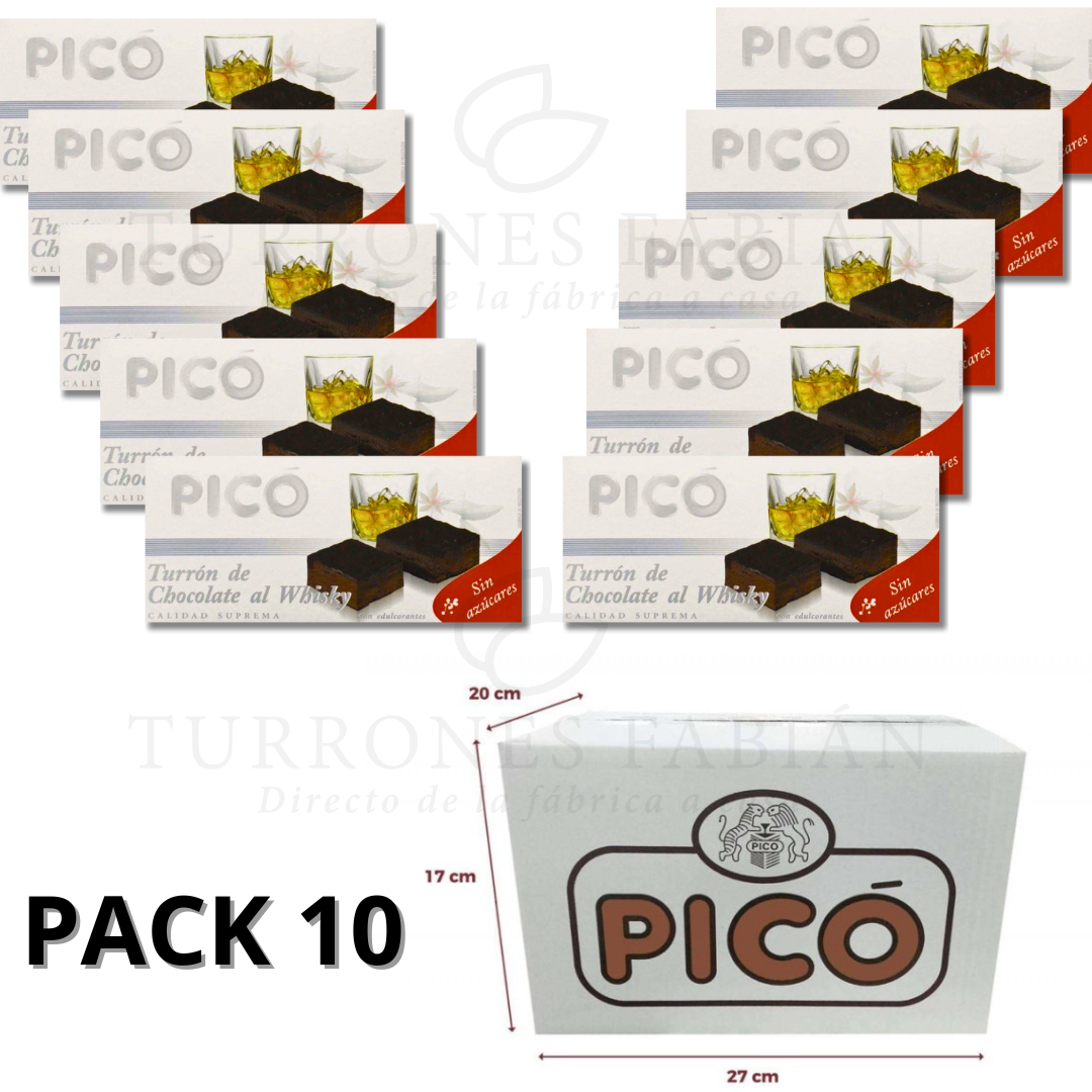 CAJA DE 10 UNIDADES DE TURRON DE CHOCOLATE AL WHISKY PICO 200GRS