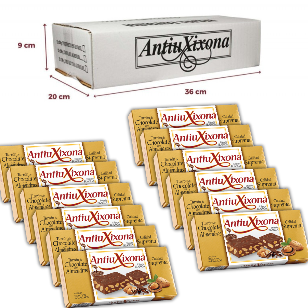 CAJA DE 12 UNIDADES DE TURRON DE CHOCOLATE CON ALMENDRAS ANTIUXIXONA 200G