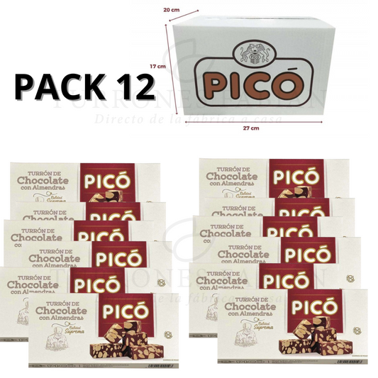 CAJA DE 12 UNIDADES DE TURRON DE CHOCOLATE CON ALMENDRAS PICO 200 GRS