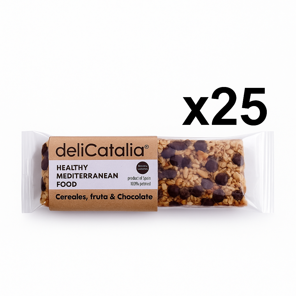 Expositor 25 unidades de barritas energeticas de cereales con fruta variada y chocolate 50 g DeliCatalia