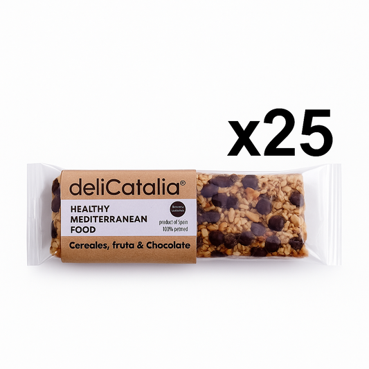 Expositor 25 unidades de barritas energeticas de cereales con fruta variada y chocolate 50 g DeliCatalia