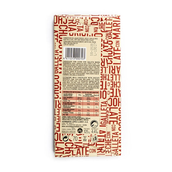 Chocolate con Leche y Galleta María 125g - El Clavileño