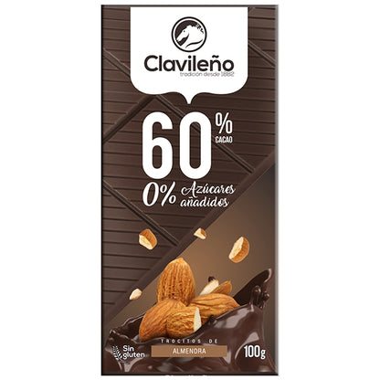 Chocolate Negro 60% Cacao con Almendras sin Azúcares Añadidos 100g - El Clavileño