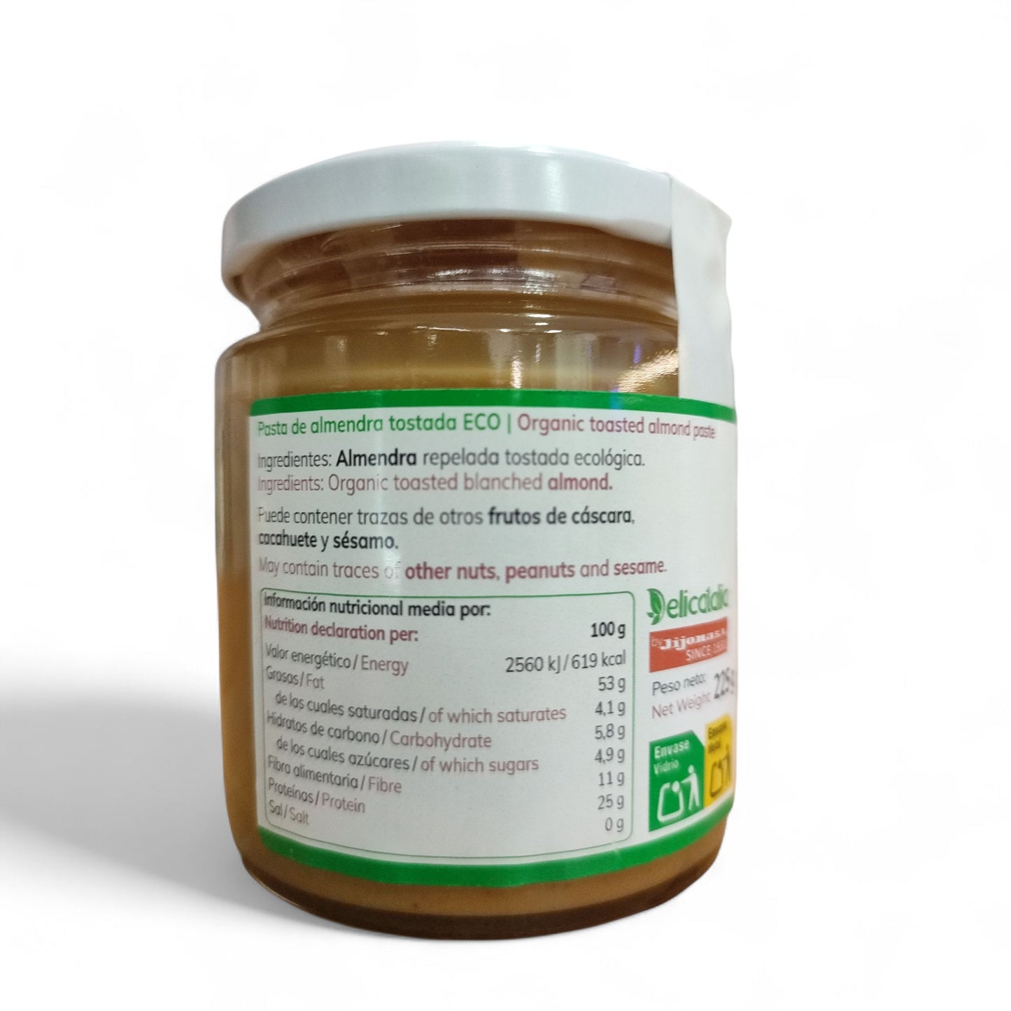 Crema de Almendra Ecológica Tostada 225g, marca deliCatalia