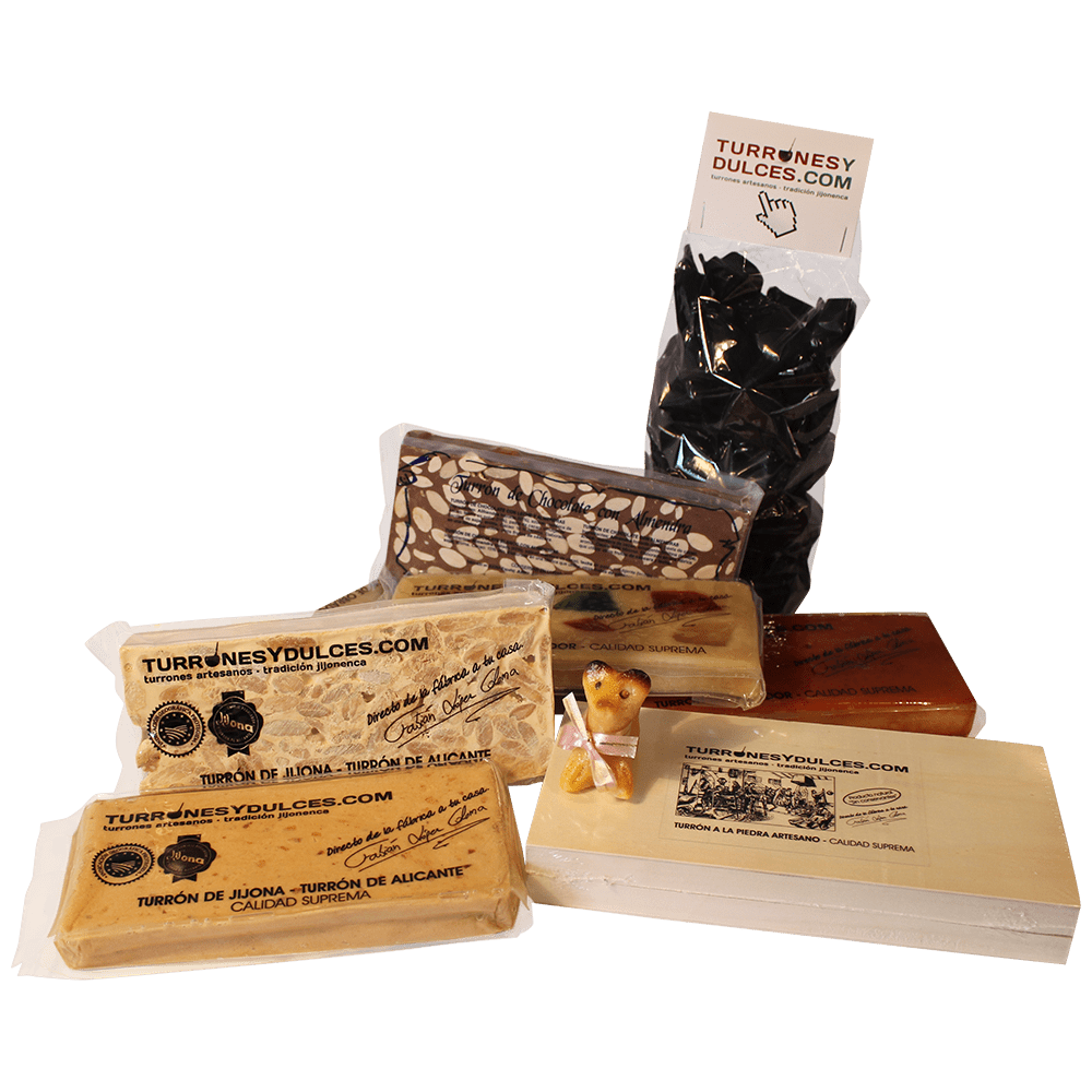Lote Jijonenco Artesano. Pack con turrones artesanos, bombones y regalo de mazapán. Made in Xixona.