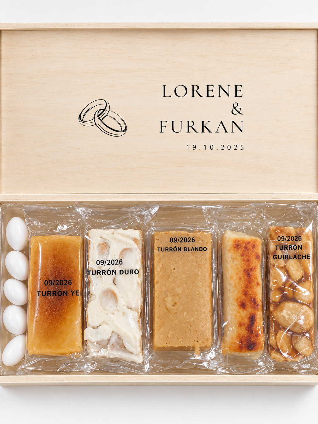 Caja de turrones personalizados para boda y evento