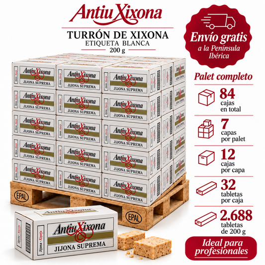 Palet de Turrón de Jijona Antiu Xixona Etiqueta Blanca 200 g con 2.688 tabletas, 84 cajas y envío gratis a Península Ibérica