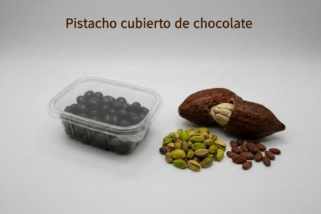 Bandeja de pistacho cubierto con chocolate negro por 150 g