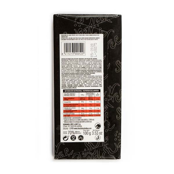 Chocolate Negro 70% Cacao con Frutas del Bosque sin Azúcares Añadidos 100g - El Clavileño