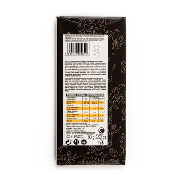 Chocolate Negro 70% Cacao con Naranja sin Azúcares Añadidos 100g - El Clavileño