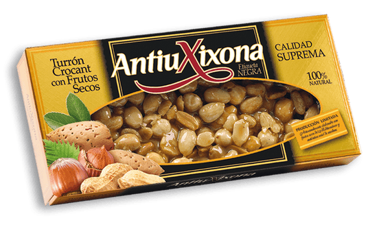 Turrón Crocant con Frutos Secos etiqueta negra Antiu Xixona