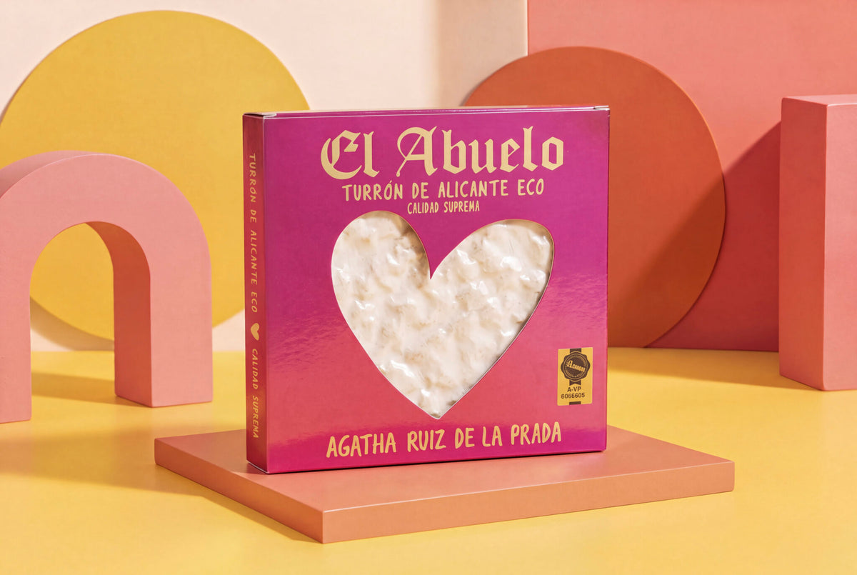 Turrón de Alicante ecológico El Abuelo 200 g, edición Ágatha Ruiz de la Prada, caja rosa con corazón