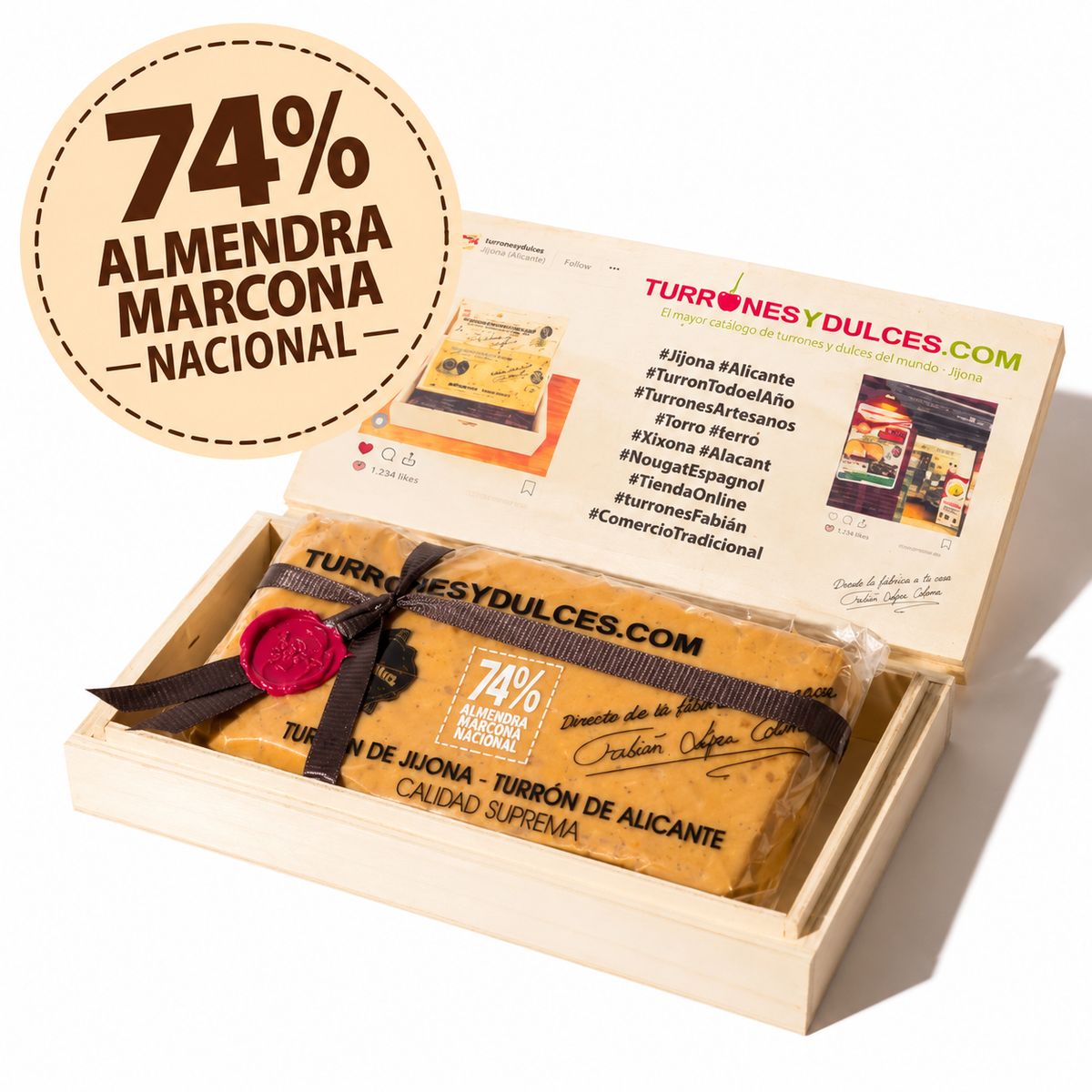 Turrón de Jijona Gourmet 74% almendra Marcona nacional en caja de madera