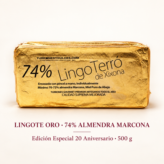 Turrón de Jijona Gourmet Lingote Oro 74% almendra Marcona - Edición Especial 20 Aniversario - 500 g