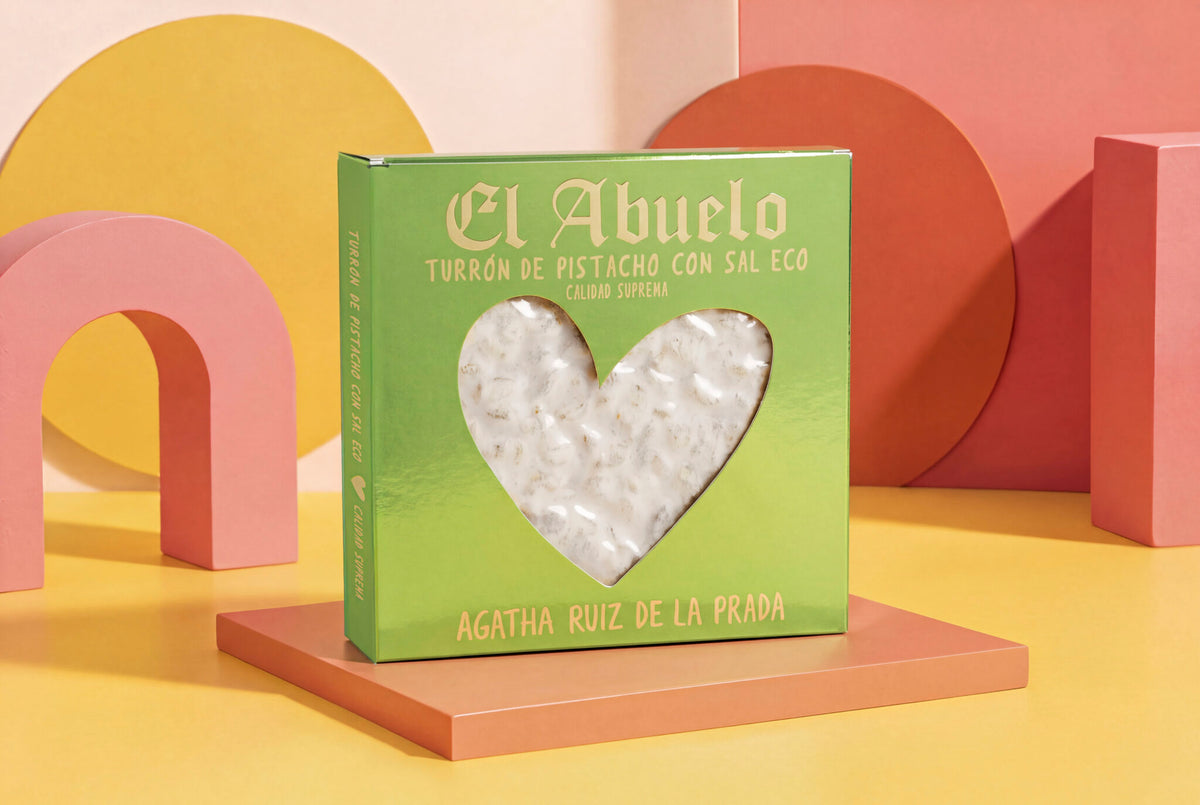 Turrón de pistacho con sal ecológico El Abuelo 200 g, edición Ágatha Ruiz de la Prada, caja verde con corazón